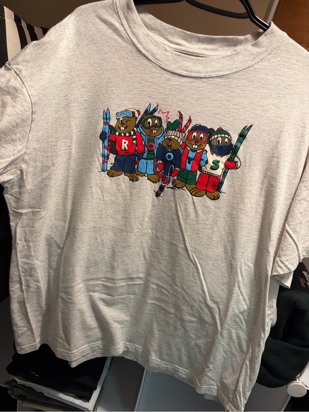 Roots Light Gray Tee with Colorful Ski Bear Graphic
